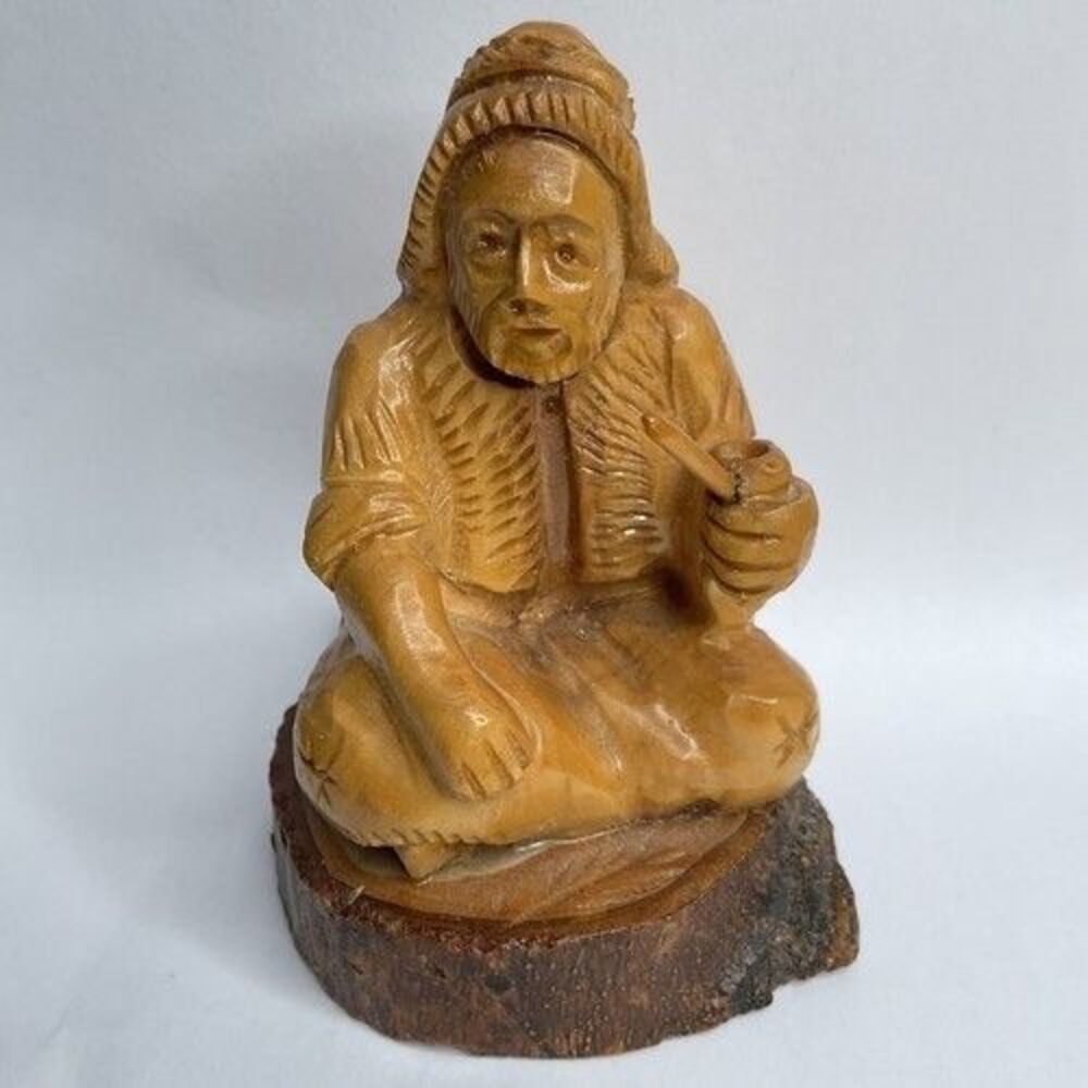 Vintage‎ Handmade Carved Wooden Wise/Old Man Sitting On a Stump Figurine 4"X2.4"